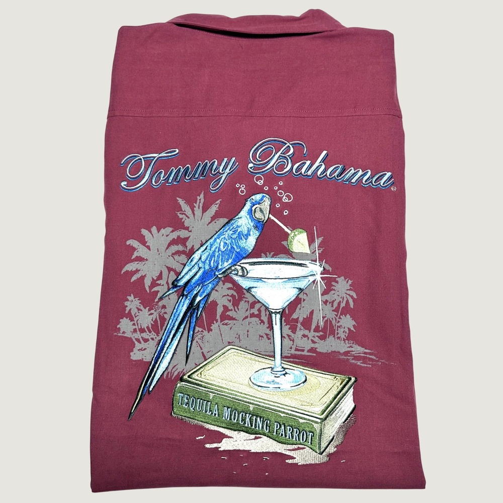 Tommy Bahama Hawaiian Camp Shirt Mens 3XL Tequila Mocking Parrot Silk Burgundy